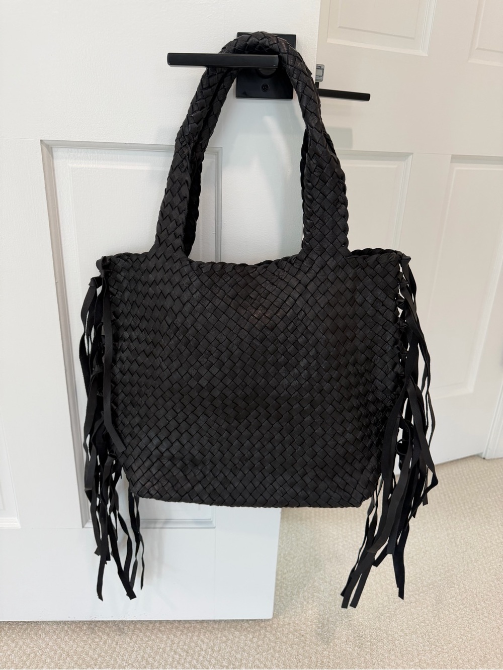 Anthropologie Black Woven Fringe Tote
